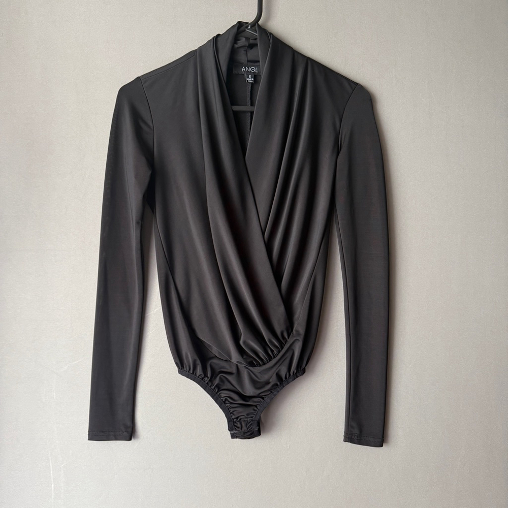 ANGL Office Siren MobWife Surplice Draped Bodysuit Small Black Goth‎ Minimalist